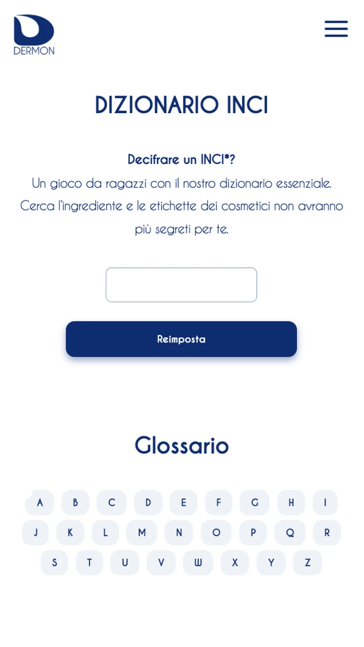 Pagina web versione mobile per dizionario inci del sito Dermon sviluppato da Websolute