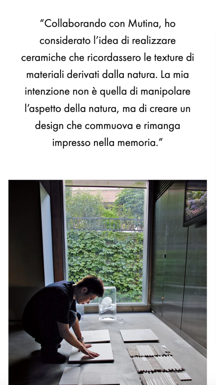 Sezione storytelling dei design sulla versione mobile del sito web Mutina